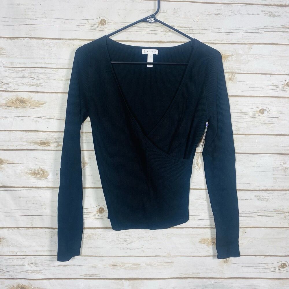 Leith Women's Ribbed Wrap Sweater Surplice Top Long Sleeve Black Size Small